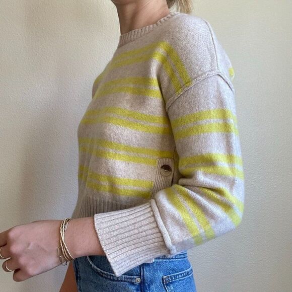 Aqua Womens Beige Yellow Striped 100% Cashmere Crewneck Soft Sweater Sz S - Picture 10 of 10